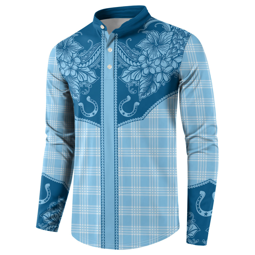 Hawai'i Paniolo Motif Deep Blue Button Sweatshirt Floral Palaka Print LT7 - Polynesian Pride
