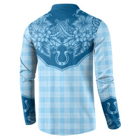 Hawai'i Paniolo Motif Deep Blue Button Sweatshirt Floral Palaka Print LT7 - Polynesian Pride