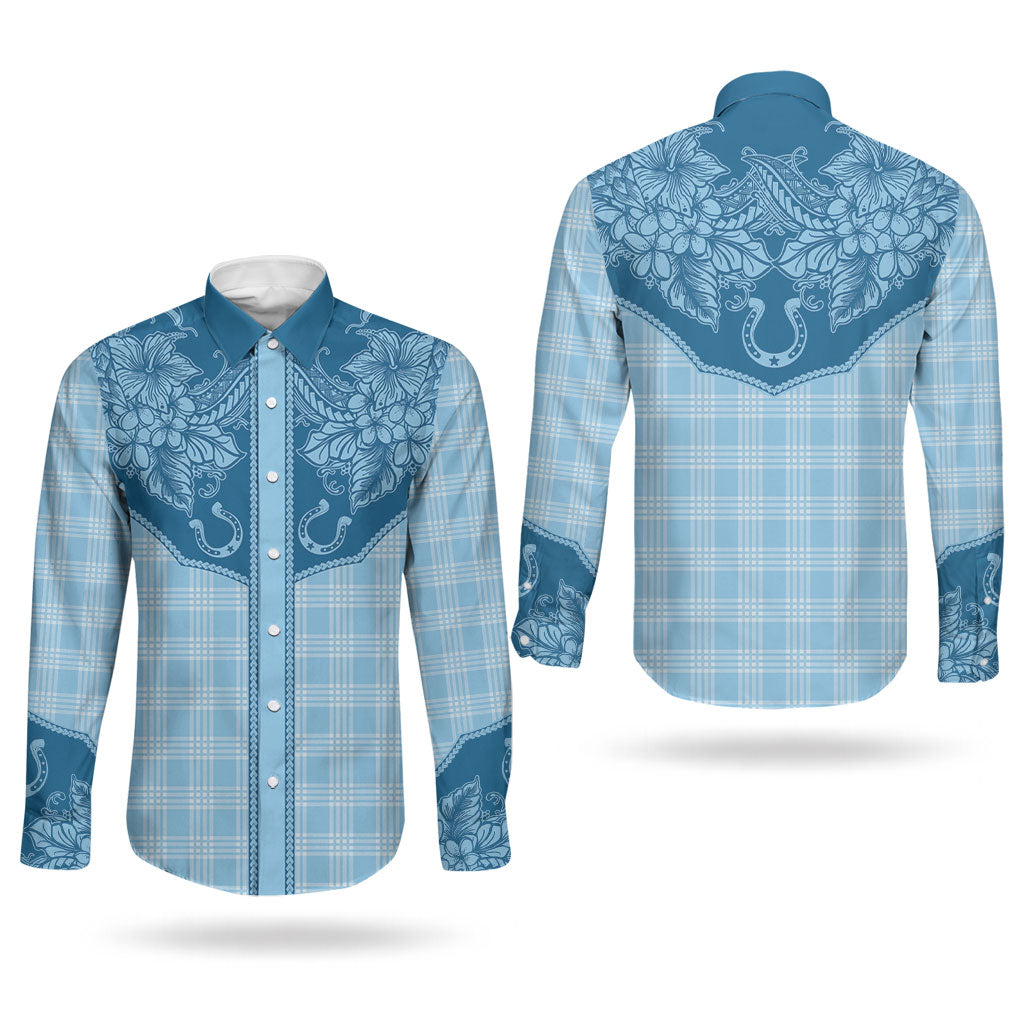 Hawai'i Paniolo Motif Deep Blue Couples Matching Long Sleeve Bodycon Dress and Long Sleeve Button Shirt Floral Palaka Print LT7 - Polynesian Pride