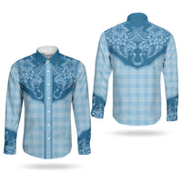 Hawai'i Paniolo Motif Deep Blue Couples Matching Long Sleeve Bodycon Dress and Long Sleeve Button Shirt Floral Palaka Print LT7 - Polynesian Pride