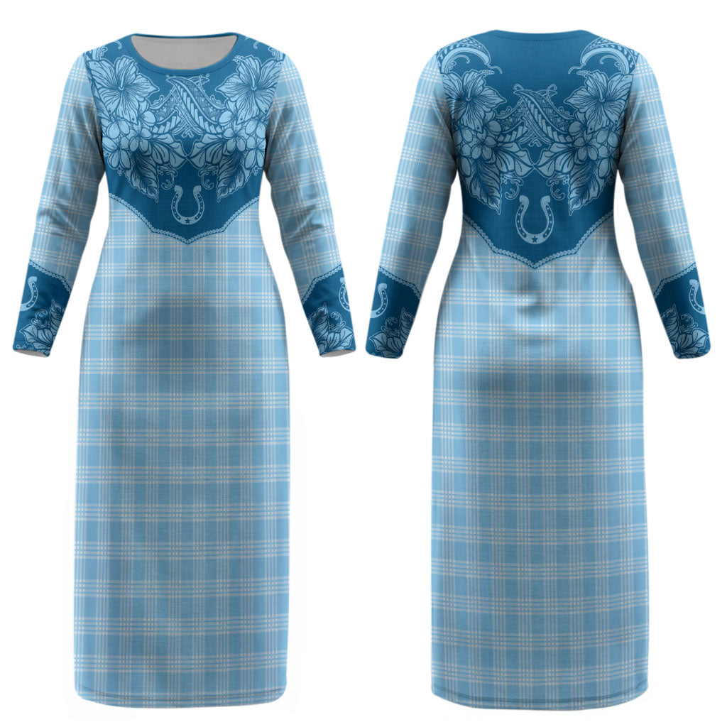 Hawai'i Paniolo Motif Deep Blue Couples Matching Long Sleeve Bodycon Dress and Long Sleeve Button Shirt Floral Palaka Print LT7 - Polynesian Pride