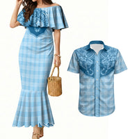 Hawai'i Paniolo Motif Deep Blue Couples Matching Mermaid Dress and Hawaiian Shirt Floral Palaka Print LT7 Navy Blue - Polynesian Pride