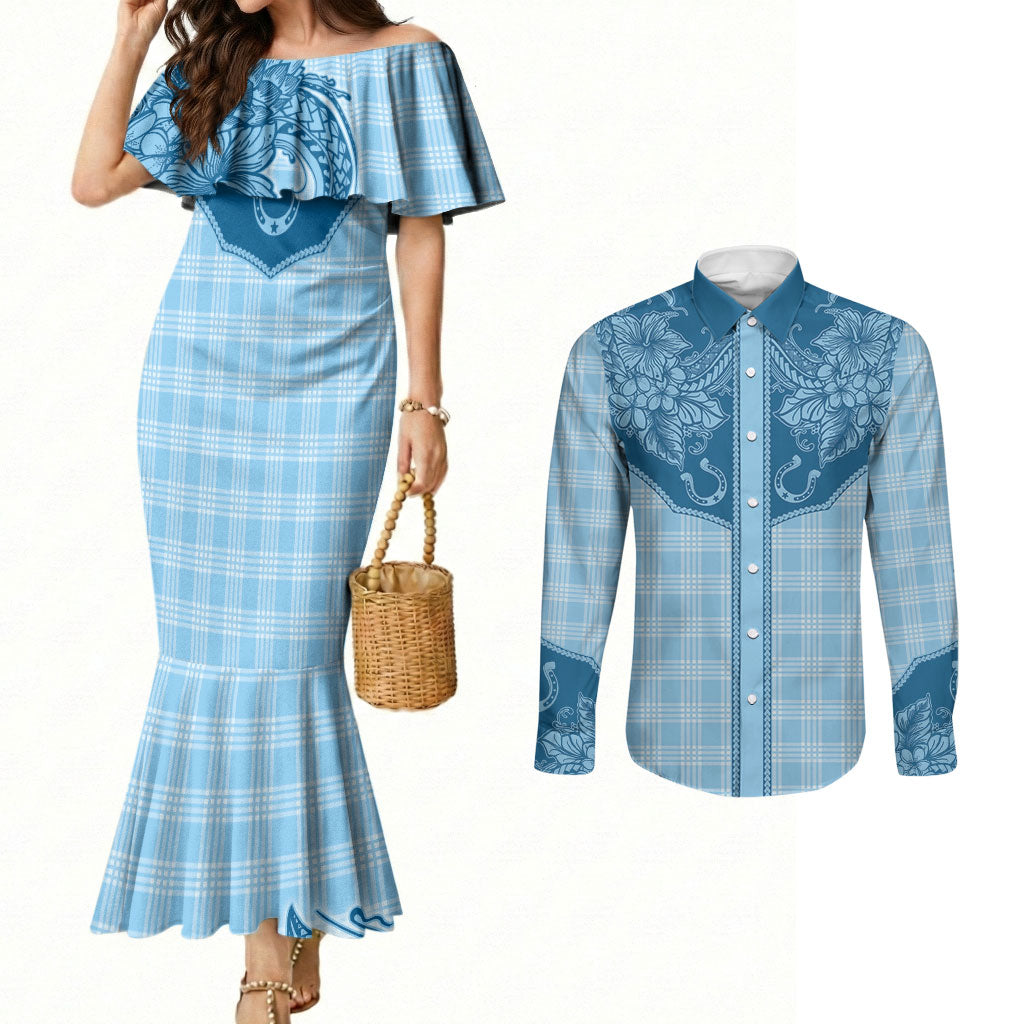 Hawai'i Paniolo Motif Deep Blue Couples Matching Mermaid Dress and Long Sleeve Button Shirt Floral Palaka Print