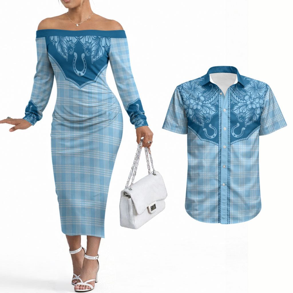 Hawai'i Paniolo Motif Deep Blue Couples Matching Off The Shoulder Long Sleeve Dress and Hawaiian Shirt Floral Palaka Print LT7 Navy Blue - Polynesian Pride