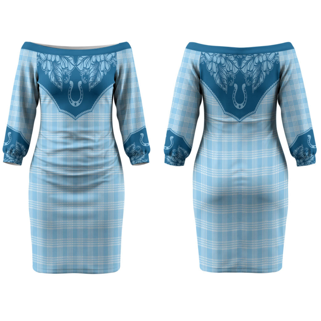 Hawai'i Paniolo Motif Deep Blue Couples Matching Off The Shoulder Long Sleeve Dress and Hawaiian Shirt Floral Palaka Print LT7 - Polynesian Pride