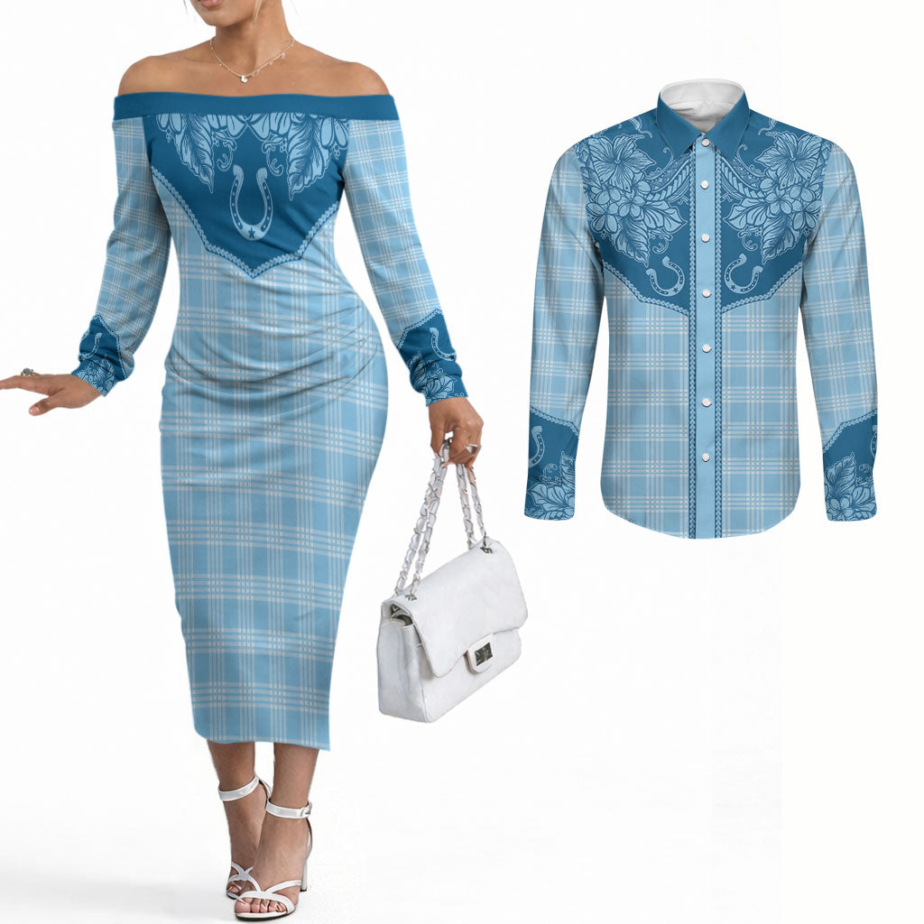 Hawai'i Paniolo Motif Deep Blue Couples Matching Off The Shoulder Long Sleeve Dress and Long Sleeve Button Shirt Floral Palaka Print