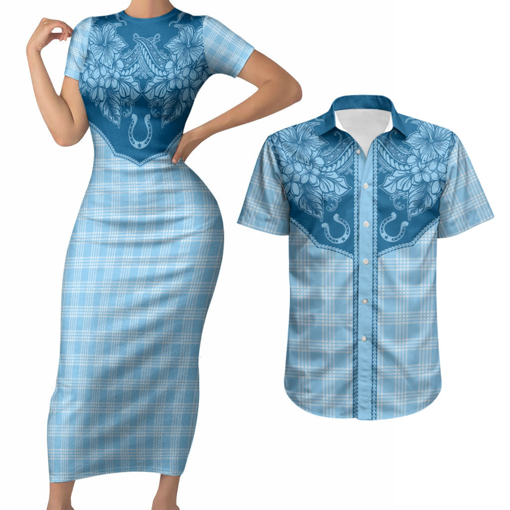 Hawai'i Paniolo Motif Deep Blue Couples Matching Short Sleeve Bodycon Dress and Hawaiian Shirt Floral Palaka Print LT7 Navy Blue - Polynesian Pride