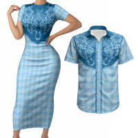 Hawai'i Paniolo Motif Deep Blue Couples Matching Short Sleeve Bodycon Dress and Hawaiian Shirt Floral Palaka Print LT7 Navy Blue - Polynesian Pride