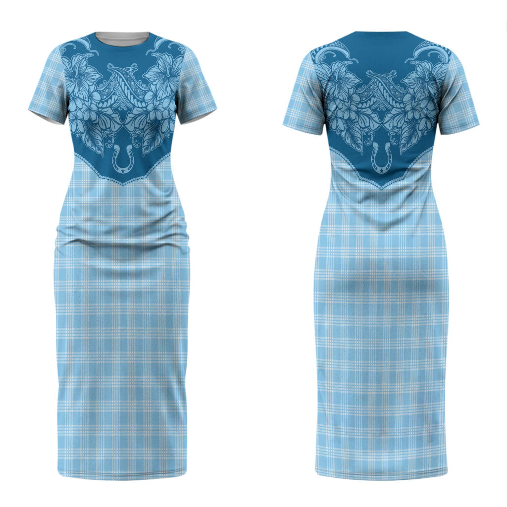 Hawai'i Paniolo Motif Deep Blue Couples Matching Short Sleeve Bodycon Dress and Hawaiian Shirt Floral Palaka Print LT7 - Polynesian Pride