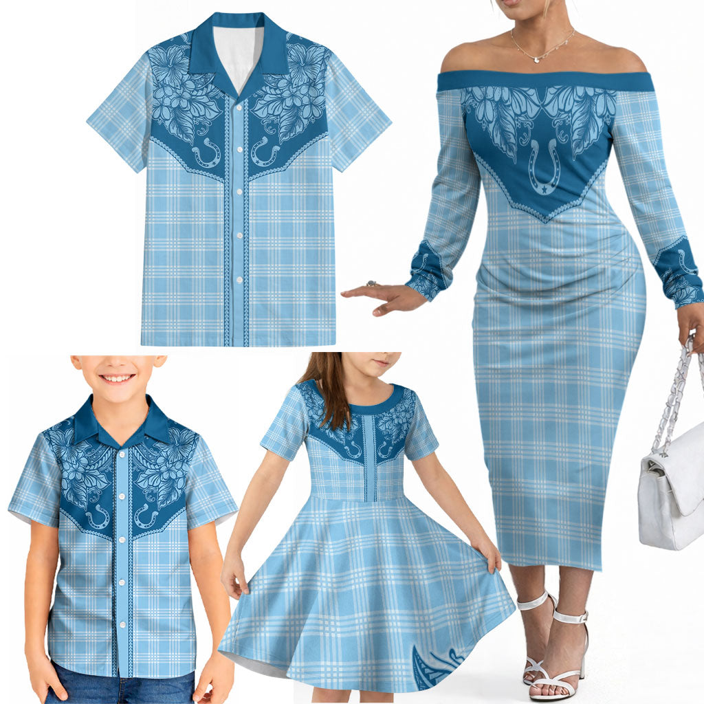 Hawai'i Paniolo Motif Deep Blue Family Matching Off The Shoulder Long Sleeve Dress and Hawaiian Shirt Floral Palaka Print LT7 - Polynesian Pride