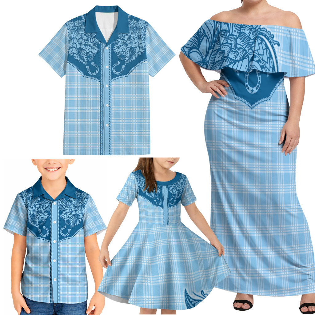 Hawai'i Paniolo Motif Deep Blue Family Matching Off Shoulder Maxi Dress and Hawaiian Shirt Floral Palaka Print LT7 - Polynesian Pride