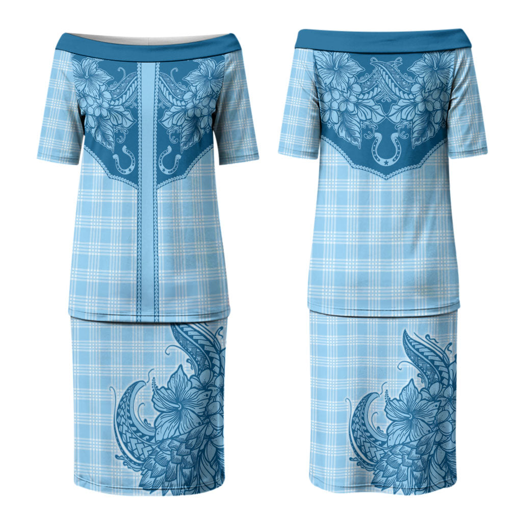 Hawai'i Paniolo Motif Deep Blue Family Matching Puletasi and Hawaiian Shirt Floral Palaka Print LT7 Mom's Dress Navy Blue - Polynesian Pride