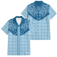 Hawai'i Paniolo Motif Deep Blue Family Matching Puletasi and Hawaiian Shirt Floral Palaka Print LT7 Dad's Shirt - Short Sleeve Navy Blue - Polynesian Pride