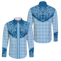 Hawai'i Paniolo Motif Deep Blue Family Matching Puletasi and Hawaiian Shirt Floral Palaka Print LT7 Dad's Shirt - Long Sleeve Navy Blue - Polynesian Pride