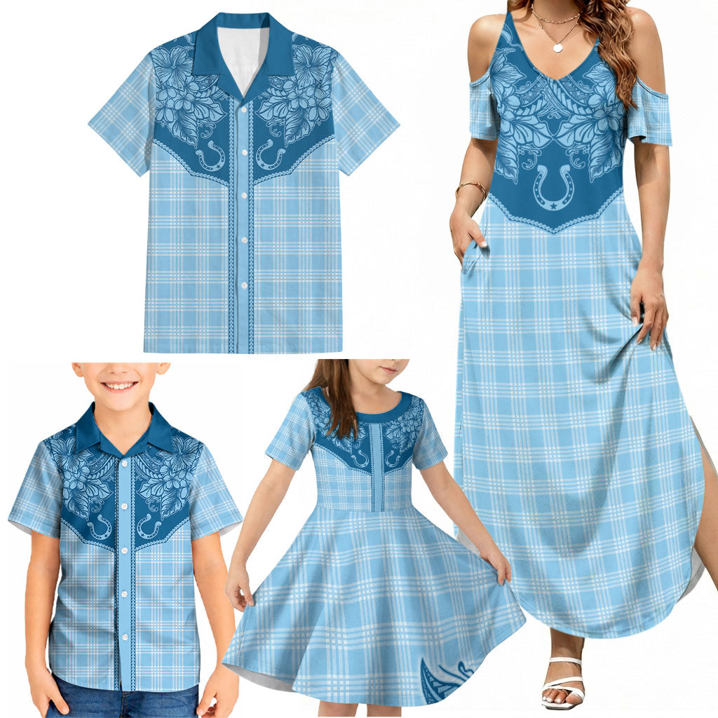 Hawai'i Paniolo Motif Deep Blue Family Matching Summer Maxi Dress and Hawaiian Shirt Floral Palaka Print LT7 - Polynesian Pride