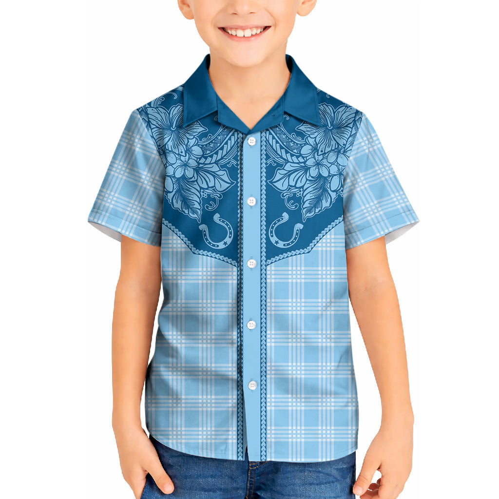 Hawai'i Paniolo Motif Deep Blue Kid Hawaiian Shirt Floral Palaka Print