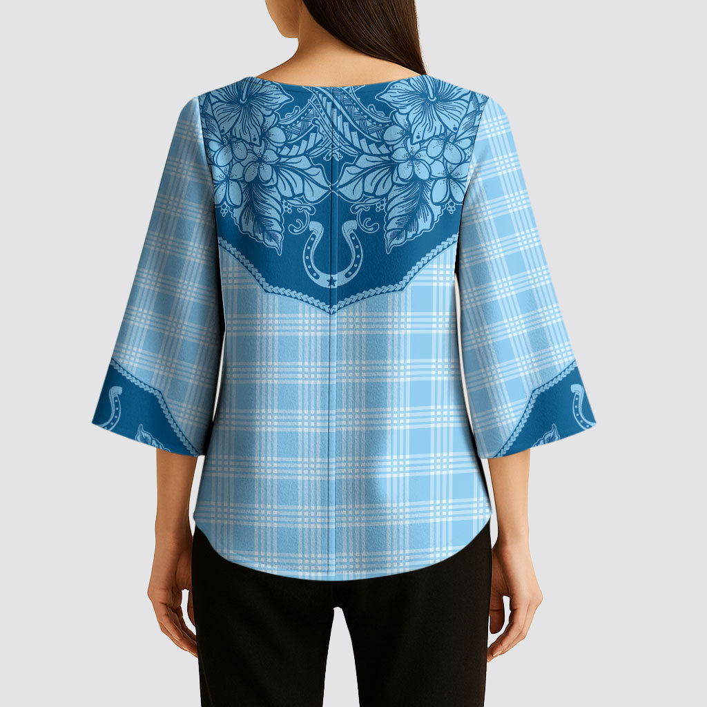 Hawai'i Paniolo Motif Deep Blue Kimono Sleeve Blouse Floral Palaka Print LT7 - Polynesian Pride