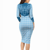 Hawai'i Paniolo Motif Deep Blue Long Sleeve Bodycon Dress Floral Palaka Print LT7 - Polynesian Pride