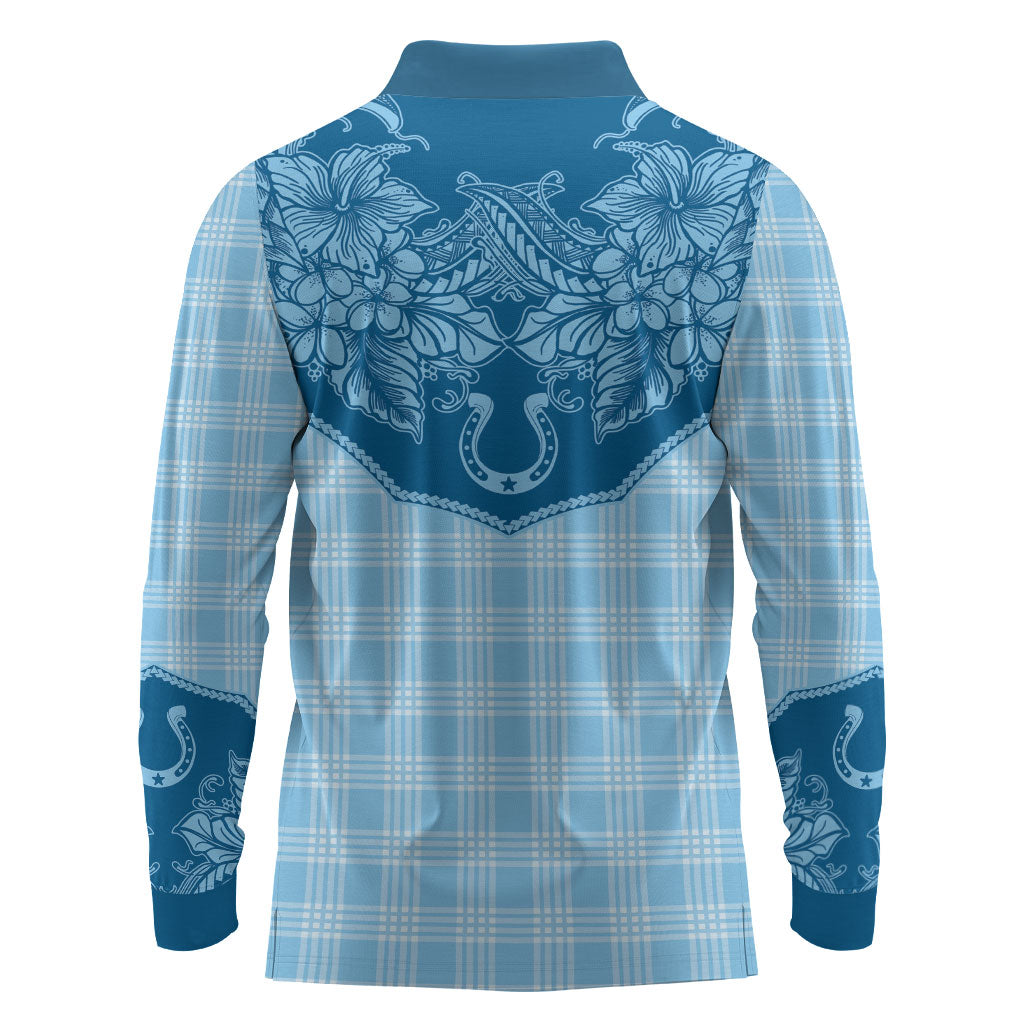 Hawai'i Paniolo Motif Deep Blue Long Sleeve Polo Shirt Floral Palaka Print LT7 - Polynesian Pride