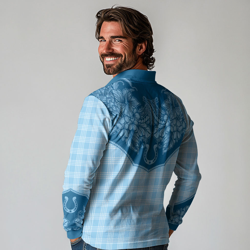 Hawai'i Paniolo Motif Deep Blue Long Sleeve Polo Shirt Floral Palaka Print LT7 - Polynesian Pride