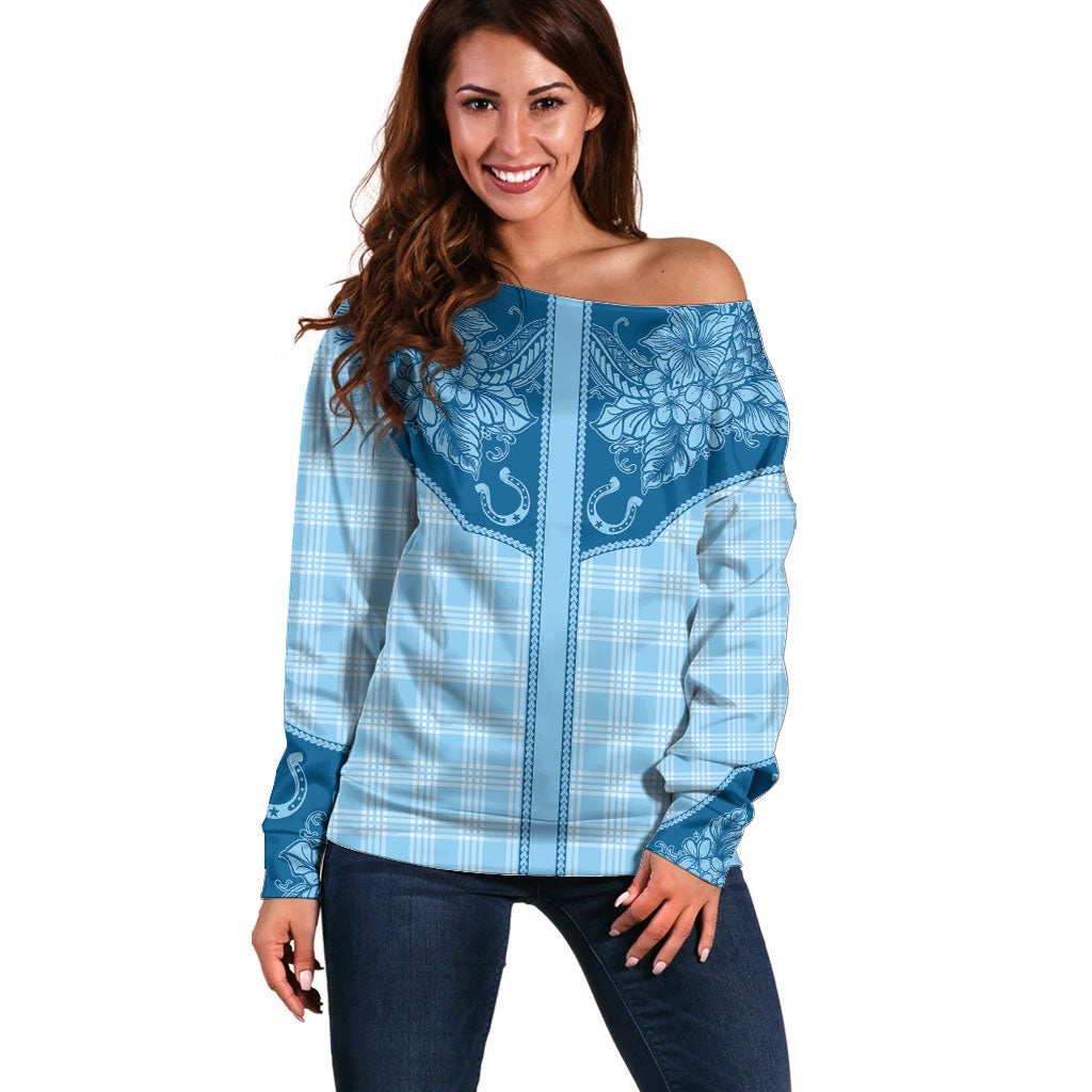 Hawai'i Paniolo Motif Deep Blue Off Shoulder Sweater Floral Palaka Print