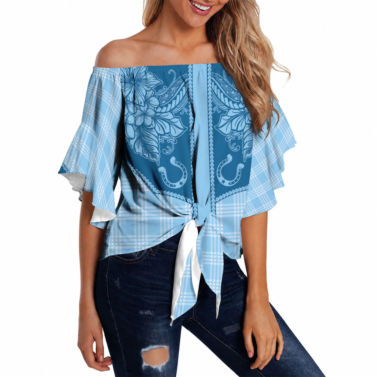 Hawai'i Paniolo Motif Deep Blue Off Shoulder Wrap Waist Top Floral Palaka Print