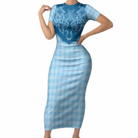 Hawai'i Paniolo Motif Deep Blue Short Sleeve Bodycon Dress Floral Palaka Print LT7 Long Dress Navy Blue - Polynesian Pride