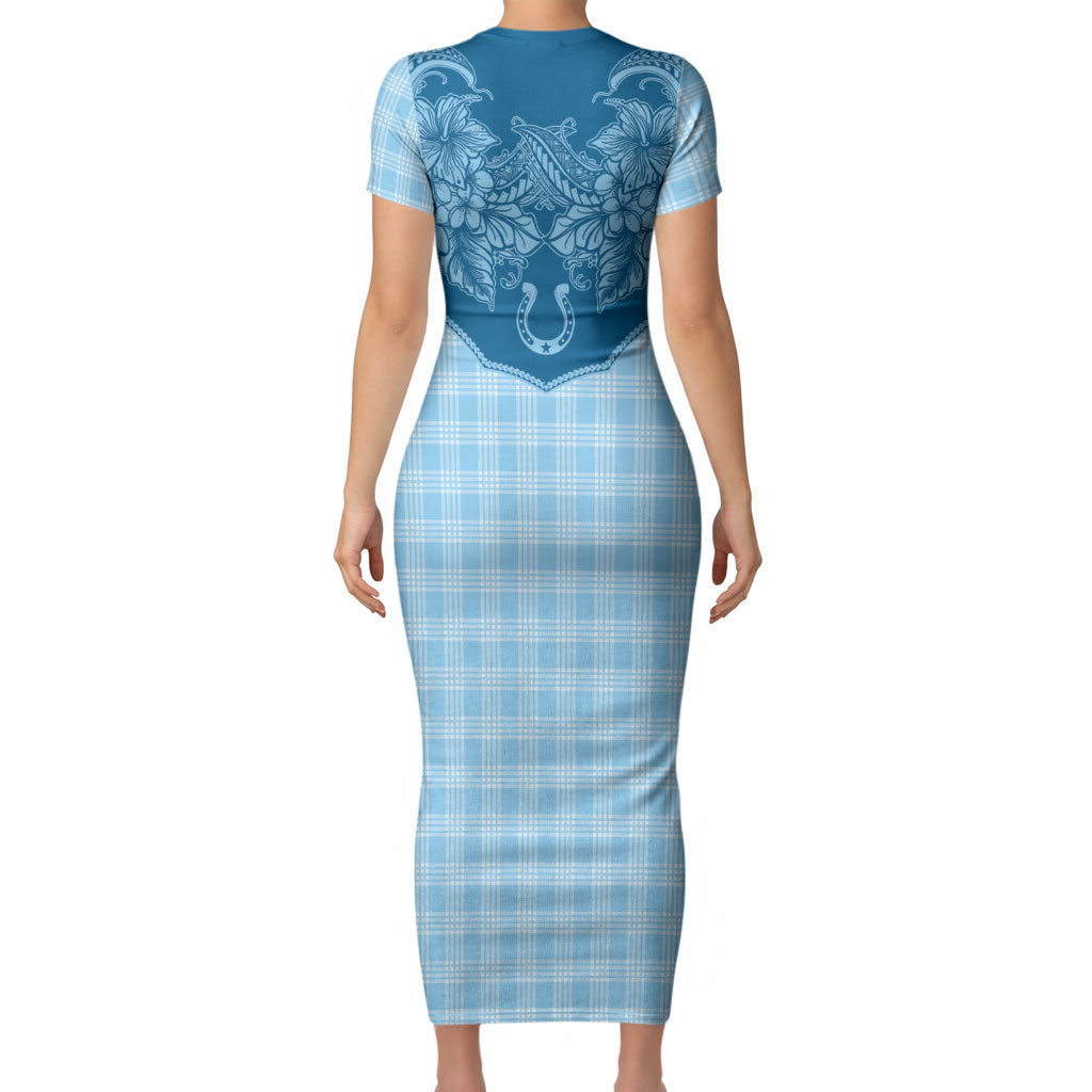 Hawai'i Paniolo Motif Deep Blue Short Sleeve Bodycon Dress Floral Palaka Print LT7 - Polynesian Pride