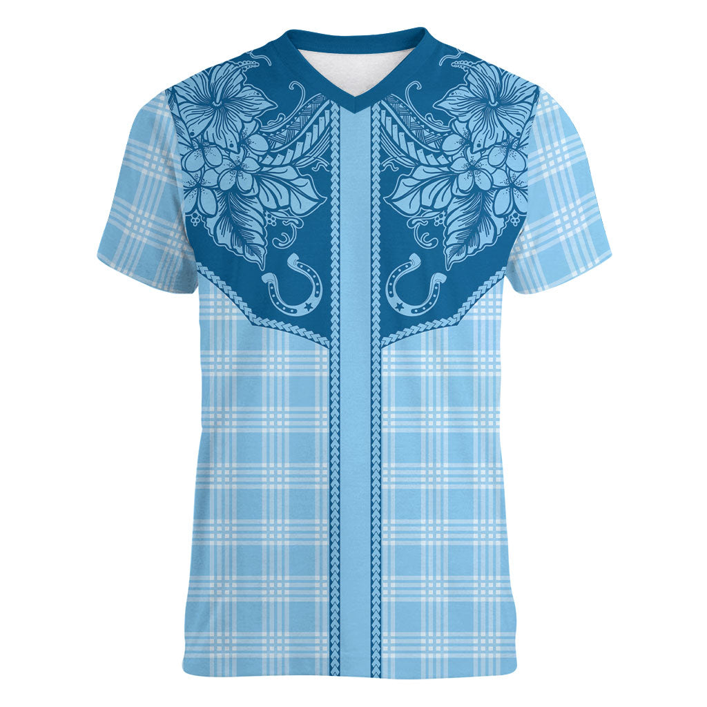 Hawai'i Paniolo Motif Deep Blue Women V-Neck T-Shirt Floral Palaka Print LT7 Female Navy Blue - Polynesian Pride