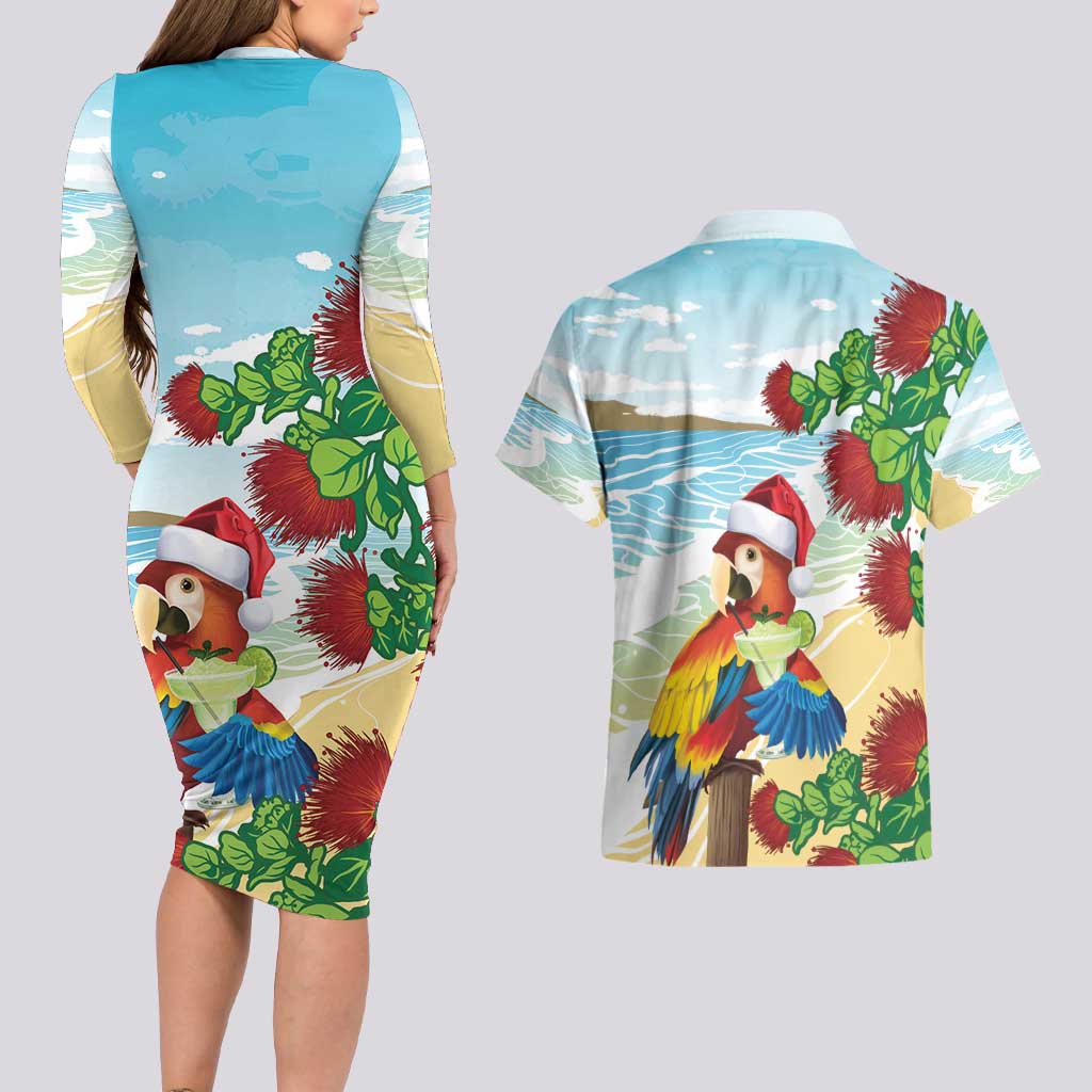 Have A Very Beach Christmas Couples Matching Long Sleeve Bodycon Dress and Hawaiian Shirt Parrot By Lehua Flower LT7 - Polynesian Pride