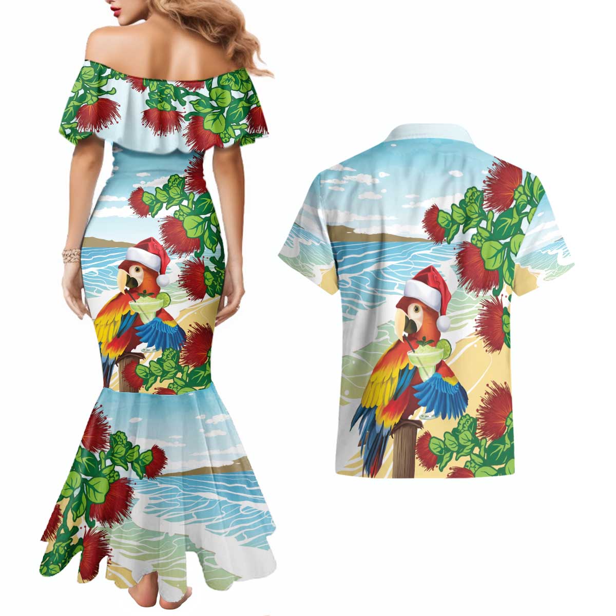 Have A Very Beach Christmas Couples Matching Mermaid Dress and Hawaiian Shirt Parrot By Lehua Flower LT7 - Polynesian Pride