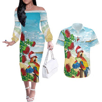Have A Very Beach Christmas Couples Matching Off The Shoulder Long Sleeve Dress and Hawaiian Shirt Parrot By Lehua Flower LT7 Art - Polynesian Pride
