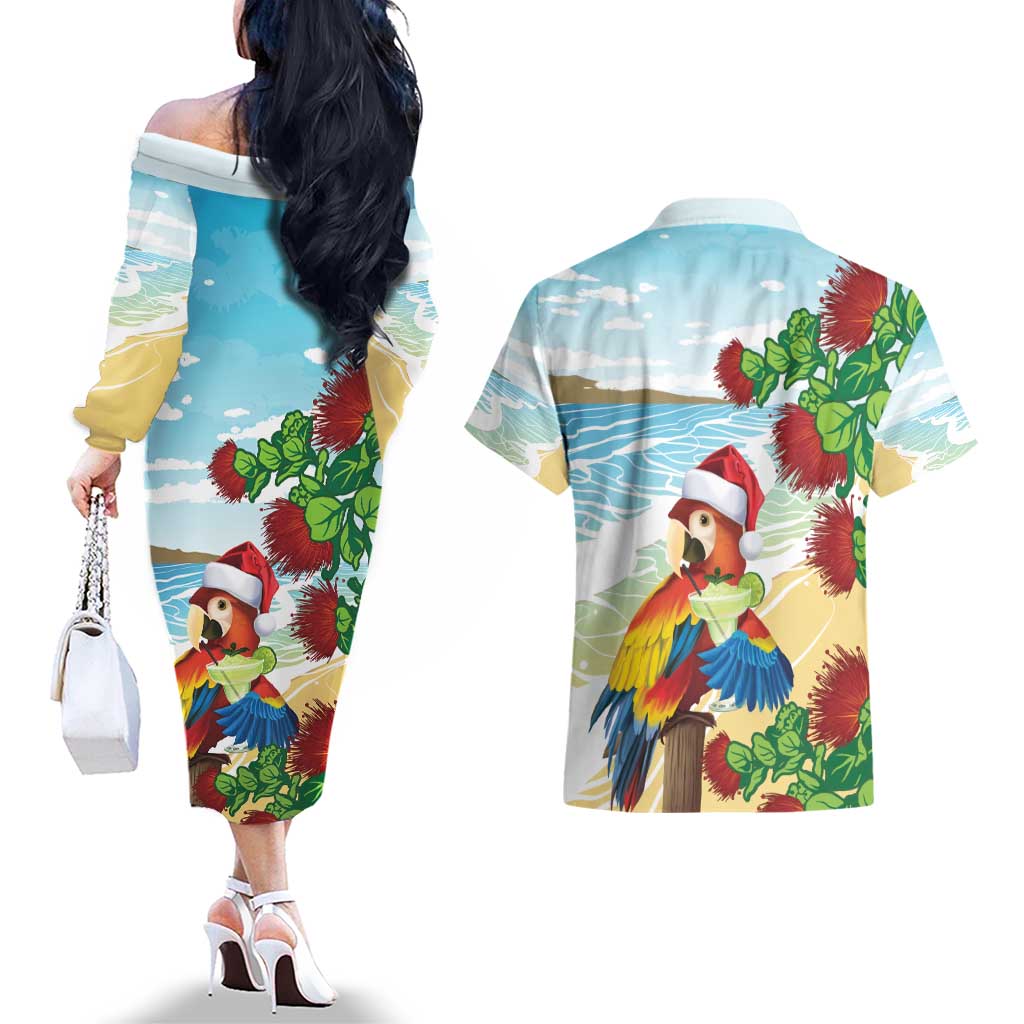 Have A Very Beach Christmas Couples Matching Off The Shoulder Long Sleeve Dress and Hawaiian Shirt Parrot By Lehua Flower LT7 - Polynesian Pride