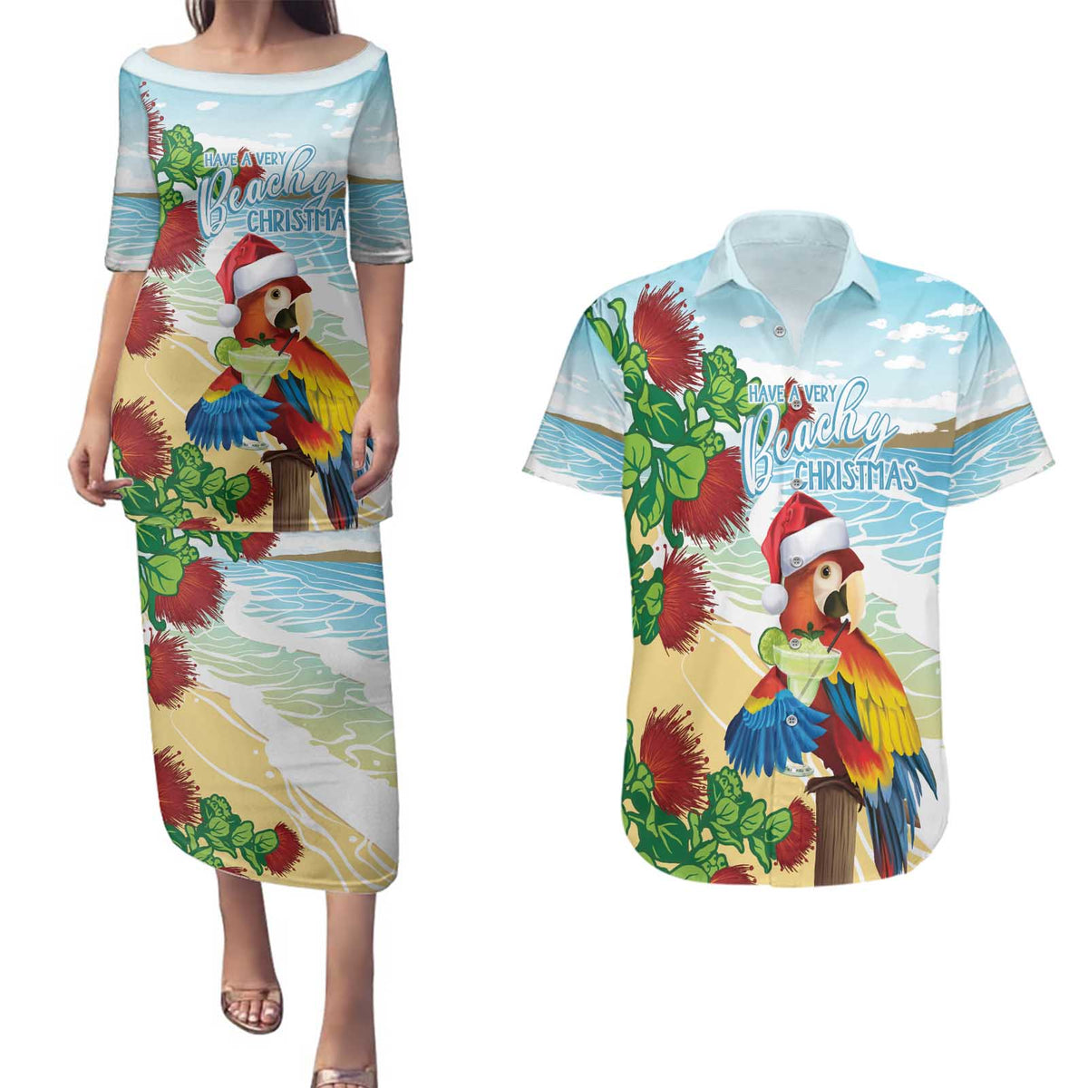 Have A Very Beach Christmas Couples Matching Puletasi and Hawaiian Shirt Parrot By Lehua Flower LT7 Art - Polynesian Pride