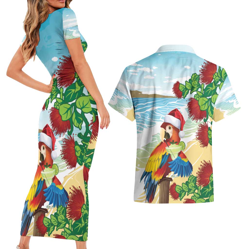Have A Very Beach Christmas Couples Matching Short Sleeve Bodycon Dress and Hawaiian Shirt Parrot By Lehua Flower LT7 - Polynesian Pride