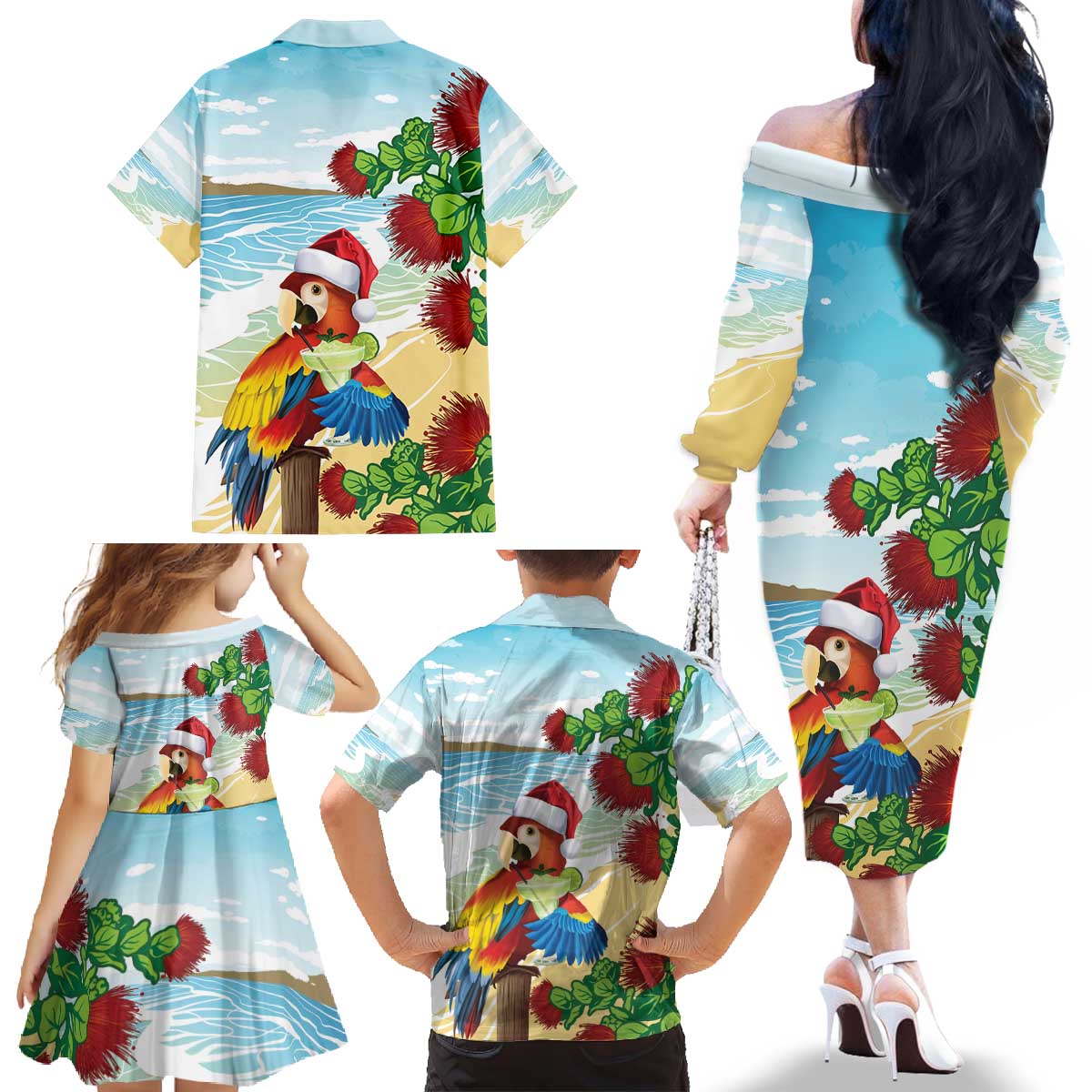 Have A Very Beach Christmas Family Matching Off The Shoulder Long Sleeve Dress and Hawaiian Shirt Parrot By Lehua Flower LT7 - Polynesian Pride