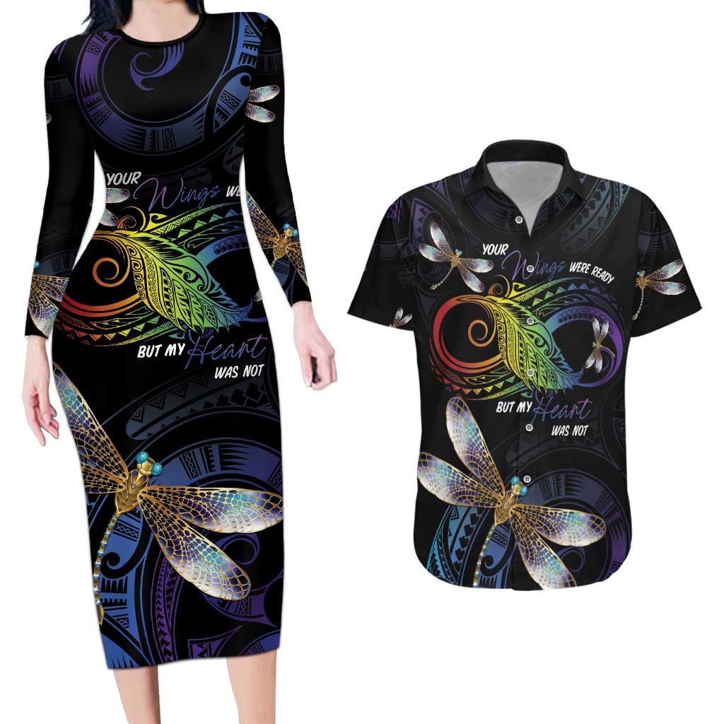 Personalised Polynesian Memorial Couples Matching Long Sleeve Bodycon Dress and Hawaiian Shirt Your Wings Were Ready But My Heart Was Not LT7 Black - Polynesian Pride