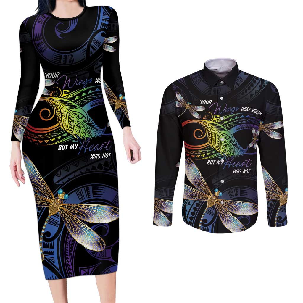 Personalised Polynesian Memorial Couples Matching Long Sleeve Bodycon Dress and Long Sleeve Button Shirt Your Wings Were Ready But My Heart Was Not LT7 Black - Polynesian Pride