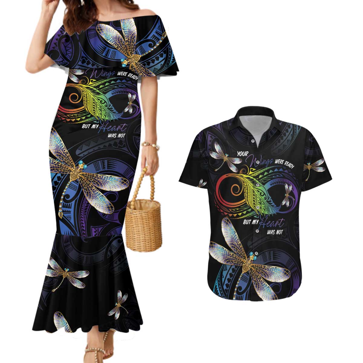 Personalised Polynesian Memorial Couples Matching Mermaid Dress and Hawaiian Shirt Your Wings Were Ready But My Heart Was Not LT7 Black - Polynesian Pride