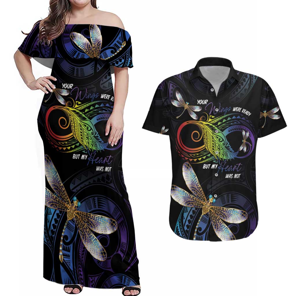 Personalised Polynesian Memorial Couples Matching Off Shoulder Maxi Dress and Hawaiian Shirt Your Wings Were Ready But My Heart Was Not LT7 Black - Polynesian Pride