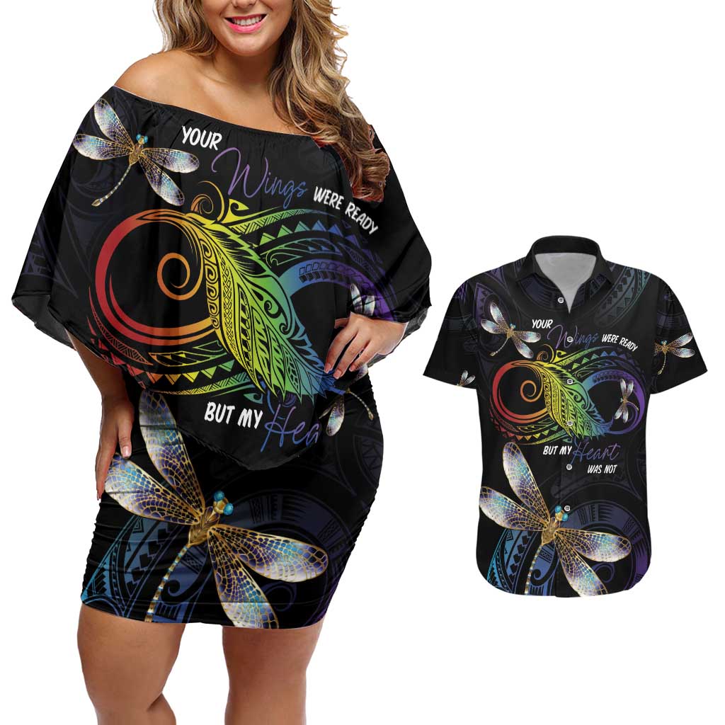Personalised Polynesian Memorial Couples Matching Off Shoulder Short Dress and Hawaiian Shirt Your Wings Were Ready But My Heart Was Not LT7 Black - Polynesian Pride