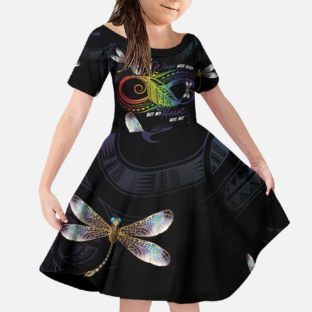 Personalised Polynesian Memorial Family Matching Mermaid Dress and Hawaiian Shirt Your Wings Were Ready But My Heart Was Not LT7 Daughter's Dress Black - Polynesian Pride