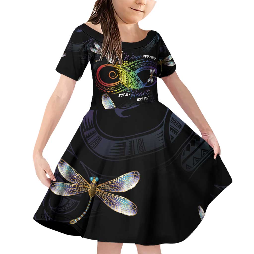 Personalised Polynesian Memorial Family Matching Off Shoulder Short Dress and Hawaiian Shirt Your Wings Were Ready But My Heart Was Not LT7 Daughter's Dress Black - Polynesian Pride