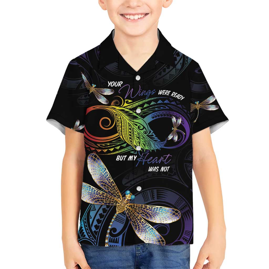 Personalised Polynesian Memorial Family Matching Off Shoulder Short Dress and Hawaiian Shirt Your Wings Were Ready But My Heart Was Not LT7 Son's Shirt Black - Polynesian Pride