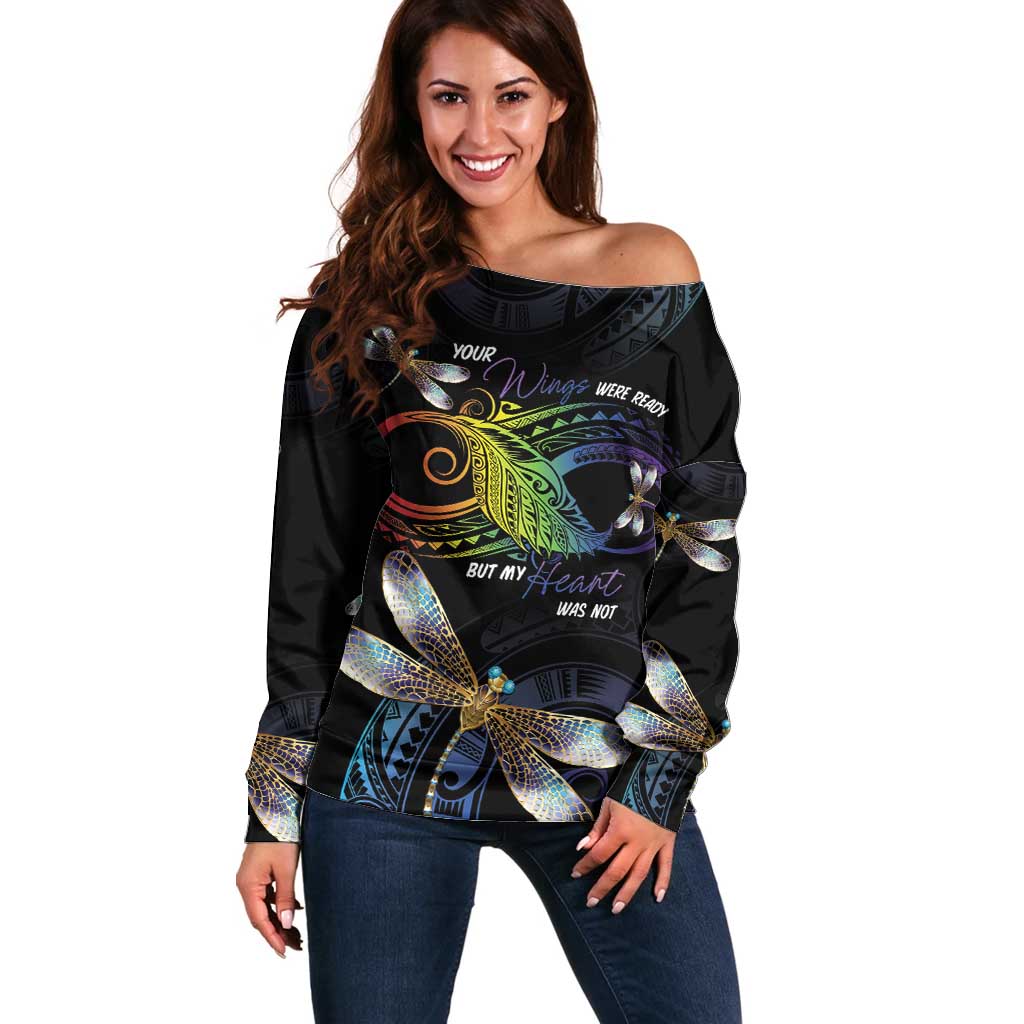 Personalised Polynesian Memorial Off Shoulder Sweater Your Wings Were Ready But My Heart Was Not LT7 Women Black - Polynesian Pride