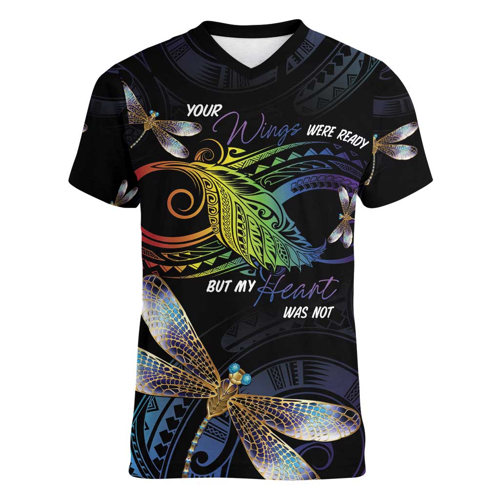 Personalised Polynesian Memorial Women V-Neck T-Shirt Your Wings Were Ready But My Heart Was Not