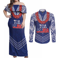 Toa Samoa Rugby Custom Couples Matching Off Shoulder Maxi Dress and Long Sleeve Button Shirt Ulafala Mix Nifo'oti - Polynesian Pride