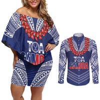 Toa Samoa Rugby Custom Couples Matching Off Shoulder Short Dress and Long Sleeve Button Shirt Ulafala Mix Nifo'oti - Polynesian Pride