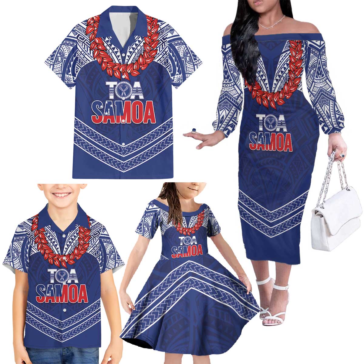 Toa Samoa Rugby Custom Family Matching Off The Shoulder Long Sleeve Dress and Hawaiian Shirt Ulafala Mix Nifo'oti - Polynesian Pride