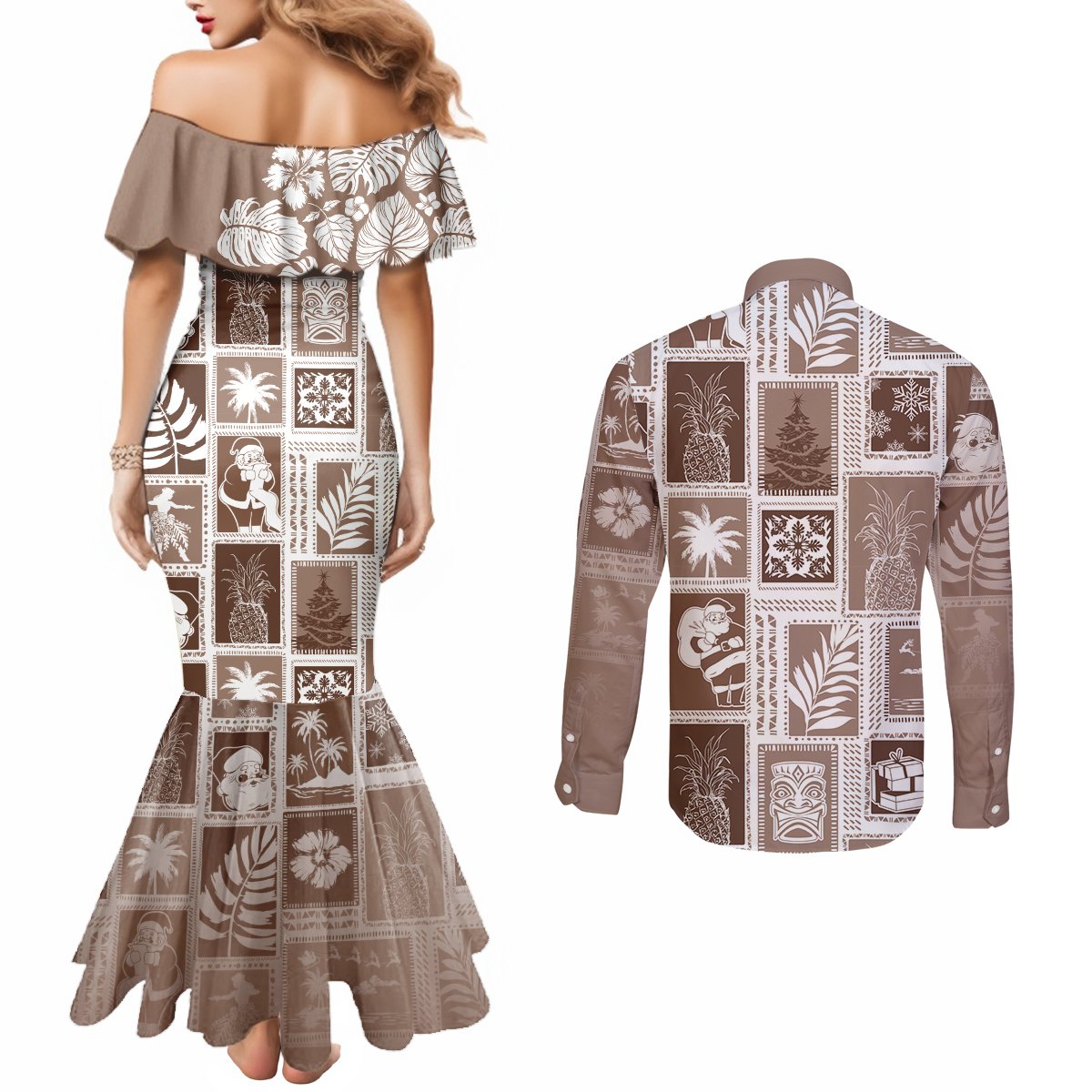 Hawaii Christmas Retro Patchwork Couples Matching Mermaid Dress and Long Sleeve Button Shirt Brown LT7 - Polynesian Pride